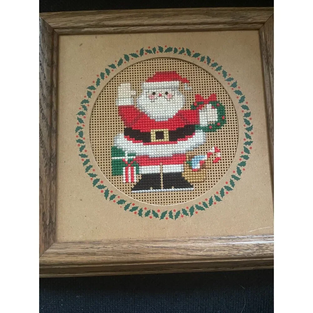 Vintage Handmade Framed Cross stitch Santa Claus Holiday Christmas Wall Art